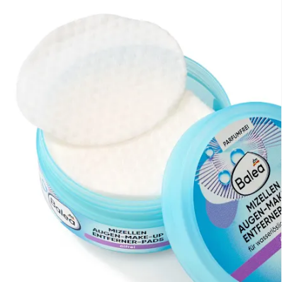Balea Mizellen Augen Make-up Entferner Pads - disque demaquillant blanc texture pot ouvert bleu