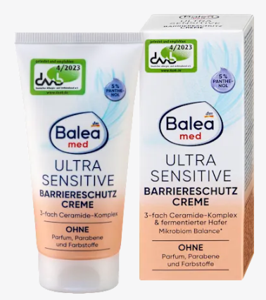 Balea Med Ultra Sensitive Creme Barriere 50ml - tube et boite rose pale ceramide panthenol
