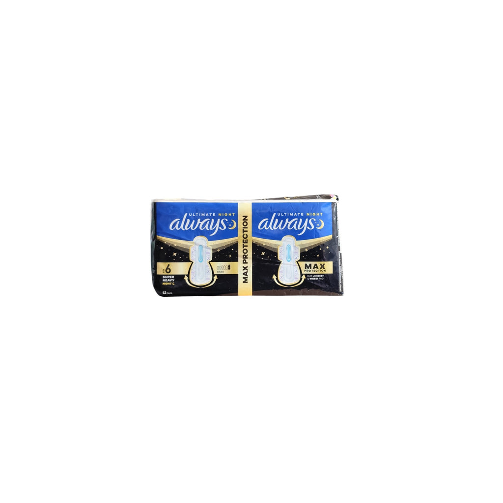 Serviettes hygiéniques Ultimate Night Max Protection 6 avec ailettes, paquet de 12