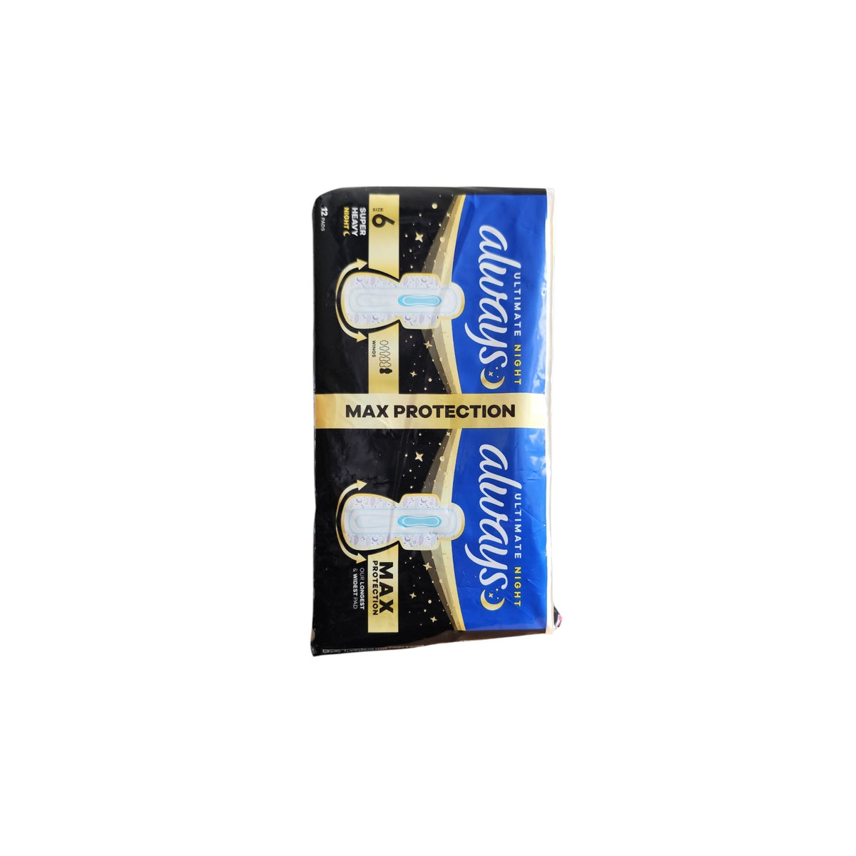 Serviettes hygiéniques Ultimate Night Max Protection 6 avec ailettes, paquet de 12