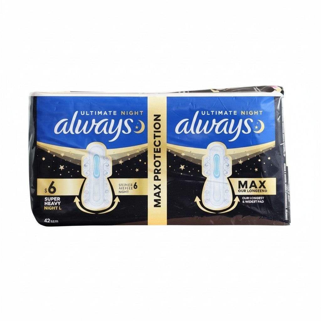 Serviettes hygiéniques Ultimate Night Max Protection 6 avec ailettes, paquet de 12