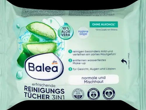 Lingettes démaquillantes Balea 3en1 Aloe Vera 25 pièces – paquet vert sans alcool